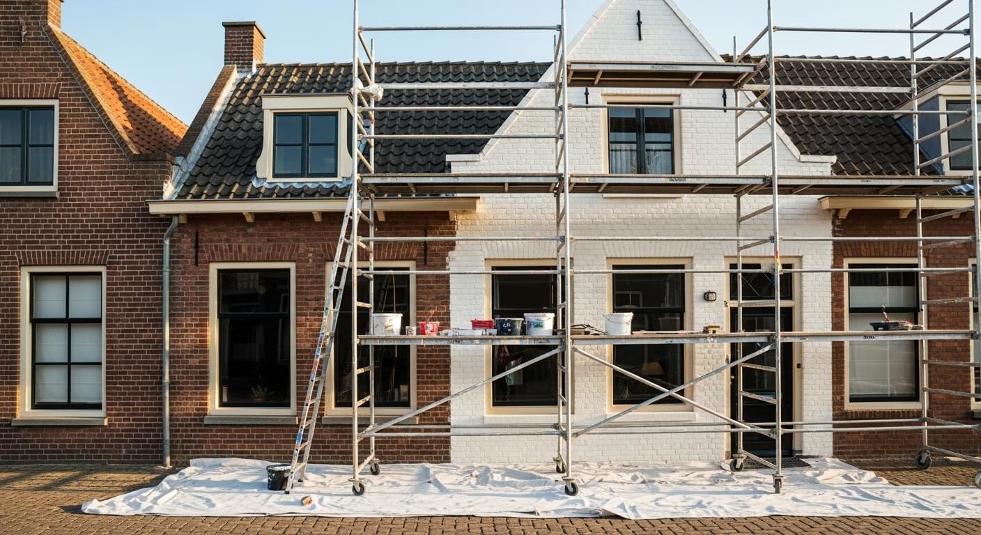 Schilder aan het werk aan een Amsterdams grachtenpand gevel